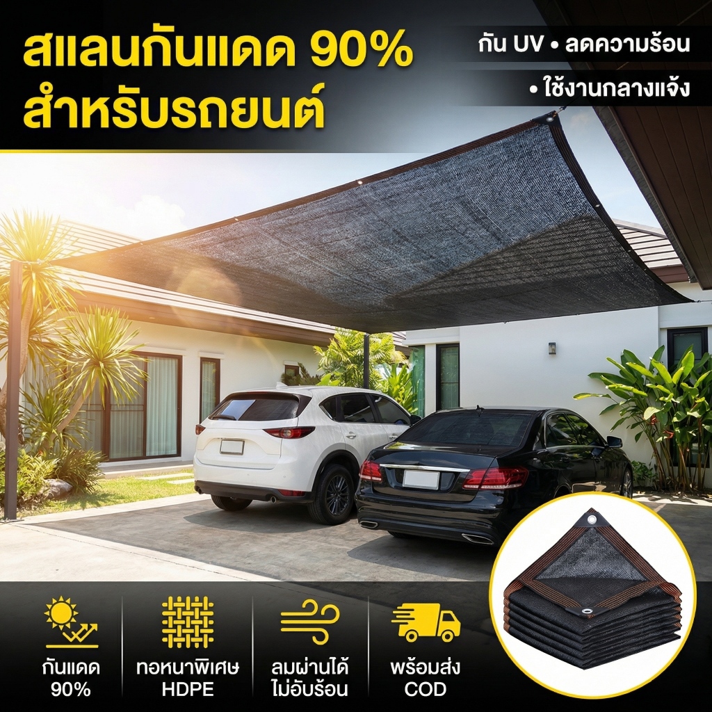 สแลนกันแดด 90% กันแดดรถยนต์/โรงจอดรถ/ระเบียง ตาข่ายบังแดด ทอหนาพิเศษ กัน UV ลมผ่านได้ มีตาไก่ทุก 1 ม. เย็บขอบเสริมแรง