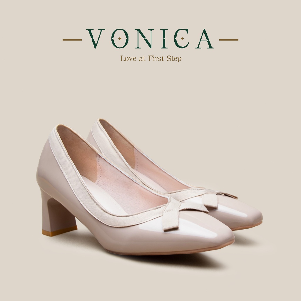 VONICA 2นิ้ว ส้นหนาแบบฝรั่งเศส รองเท้าส้นสูงหัวเหลี่ยมสุดเก๋ สีนู๊ด ตกแต่งโบว์ รองเท้าสตรี