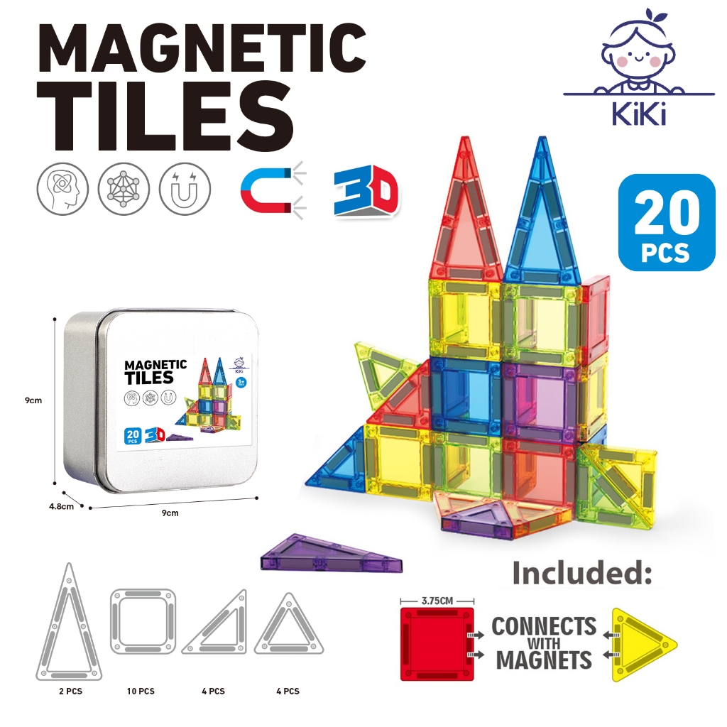 KiKi ของเล่นแม่เหล็ก 20 ชิ้น Magnetic Tiles 3D ต่อได้ เสริมพัฒนาการเด็ก สร้างรูปทรง DIY