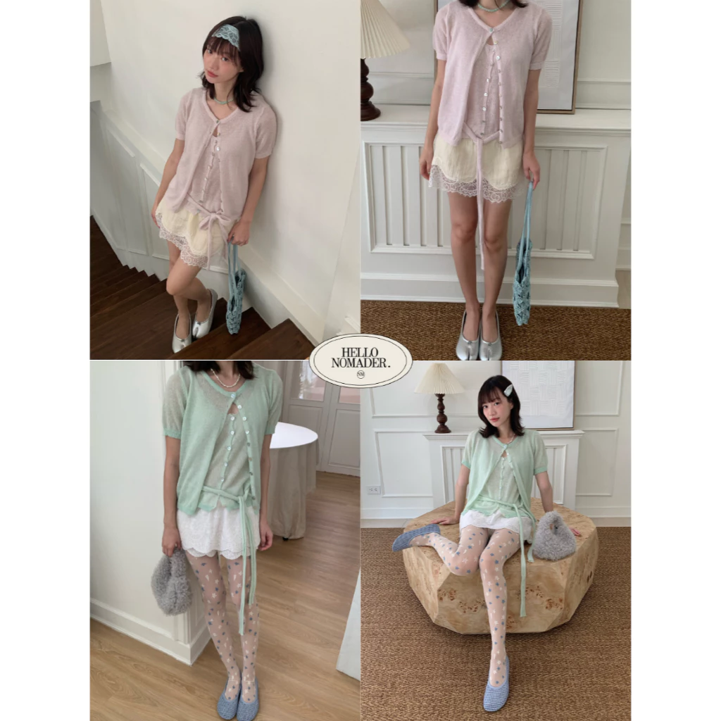 NOMADE.& พร้อมส่ง Sugar babe Set {เสื้อเซ็ตแขนกุดผูกเอว+ เสื้อคลุมแขนสั้นกระดุมเปลือกหอย}