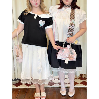 Chubbygirlbkk-Pleat denim&barbie lace skirt₊˚ෆ⊹.ᐟ🌀🩶”กระโปรง จีบพลีทยาว แต่งชายลูกไม้ สาวอวบ