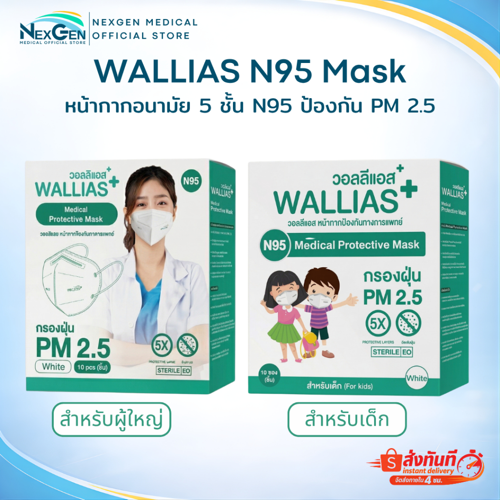 หน้ากากอนามัย N95 5 ชั้น ป้องกันฝุ่น PM 2.5 แมส N95 เกรดทางการแพทย์ WALLIAS / Durgesh สำหรับผู้ใหญ่ 