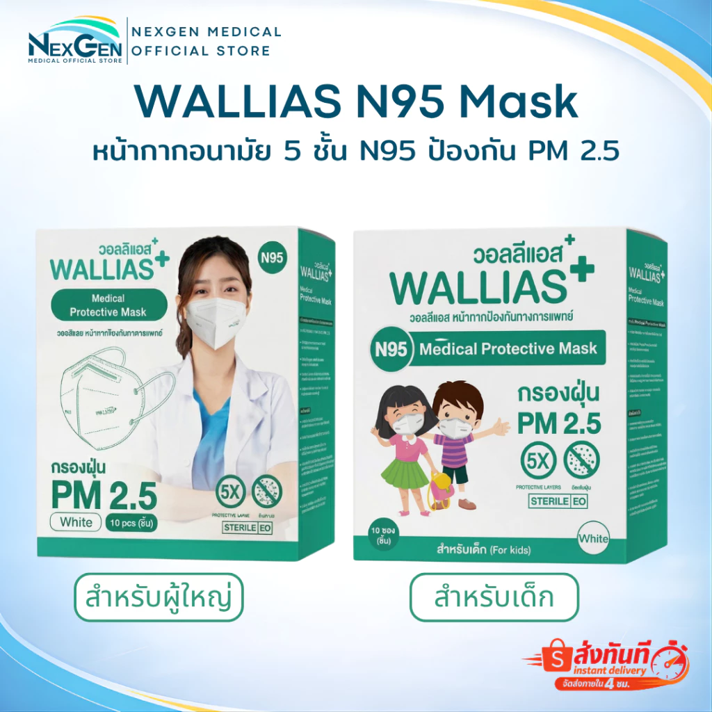 หน้ากากอนามัย N95 5 ชั้น ป้องกันฝุ่น PM 2.5 แมส N95 เกรดทางการแพทย์ WALLIAS / Durgesh สำหรับผู้ใหญ่ และเด็ก สีขาว