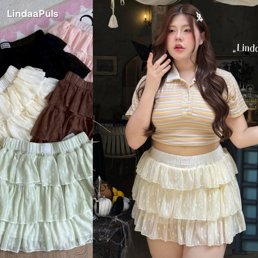 LindaaPlus-- กระโปรงลูกไม้แต่งชั้นๆสาวอวบอ้วน🌷⊹ สม๊อครอบเอว แต่งอะไหล่สุดน่ารัก ผ้าด๊อปบิ้นลายดอกมีซับใน แมทง่าย