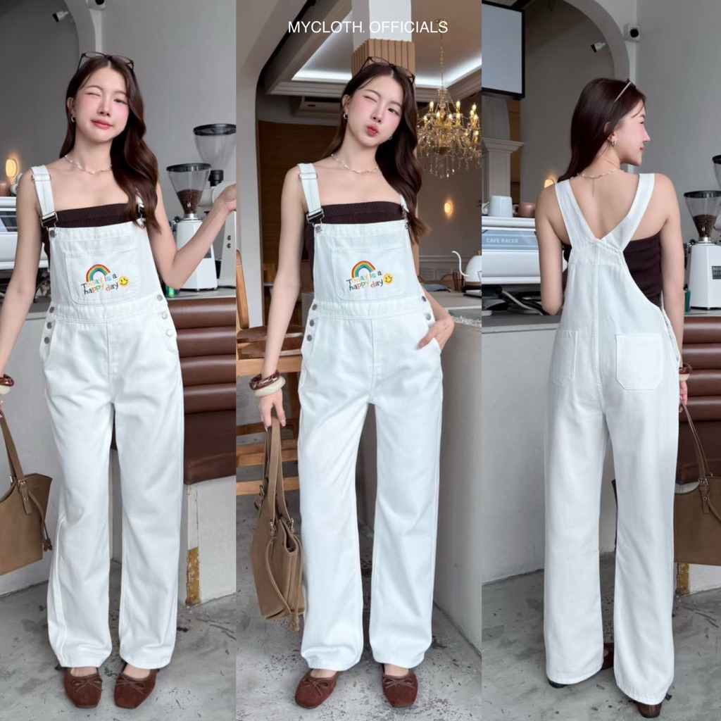 mycloth.officials (999) - เอี๊ยมยีนส์ขายาวทรงขากระบอก สีขาว ดีเทลงานปักตรงกระเป๋าด้านหน้า น่ารักมากก