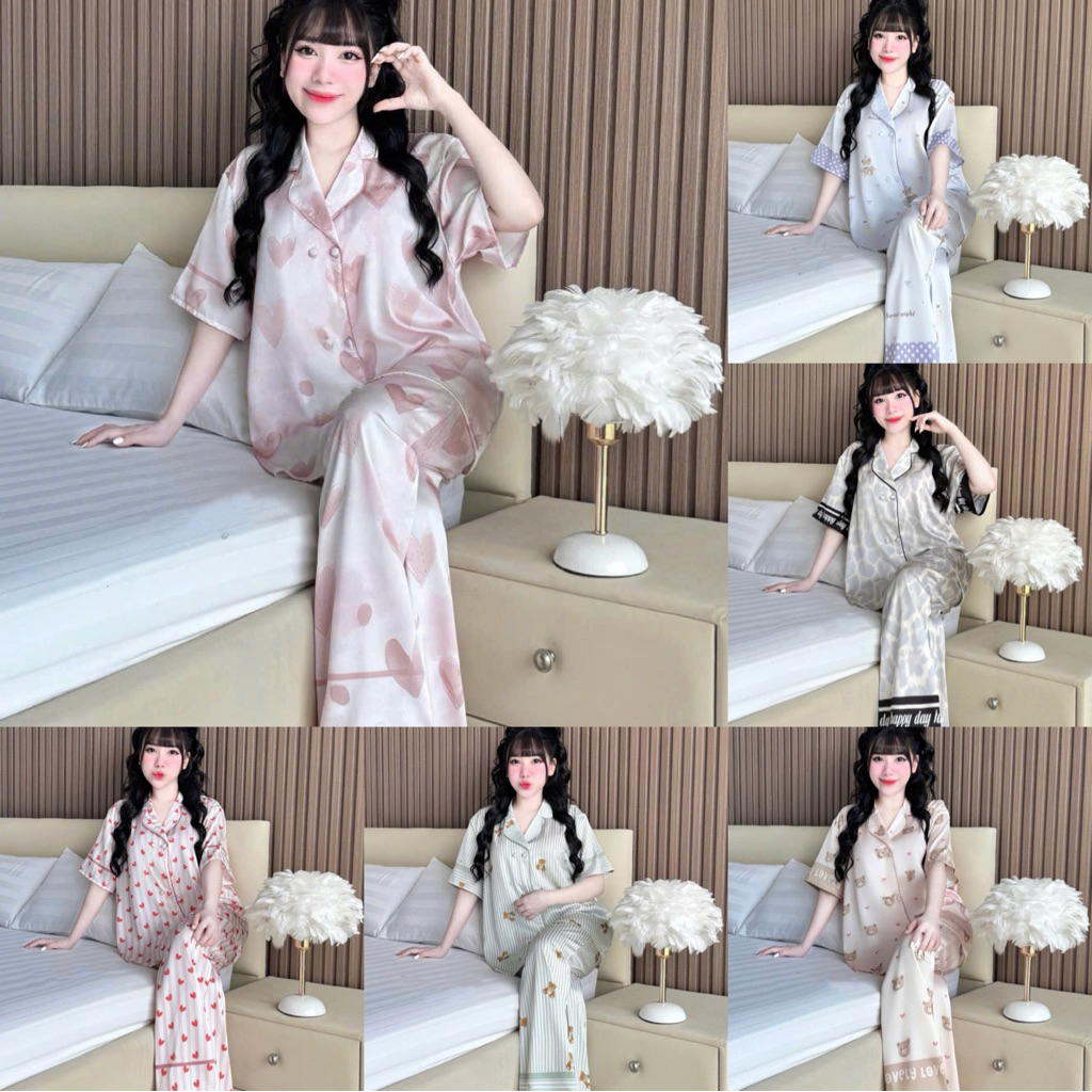 🔥New collection🔥ชุดนอน แขนสั้น-ขายยาวส ผ้าsilk satinไตส์น่ารัก(free size)