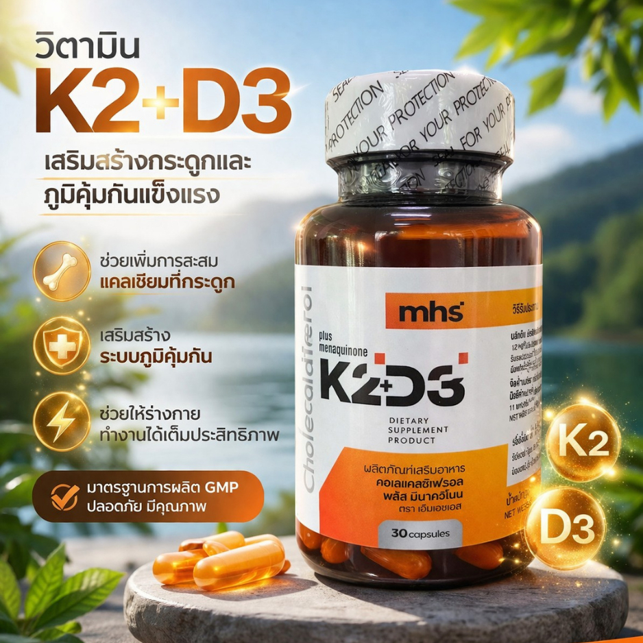 MHS K2+D3 (ความเข้มข้น 100000 IU/g. max dose ตาม อย. กำหนด) ดูดซึมแคลเซียม เสริมสร้างแคลเซียม เหมาะสำหรับผู้สูงวัย