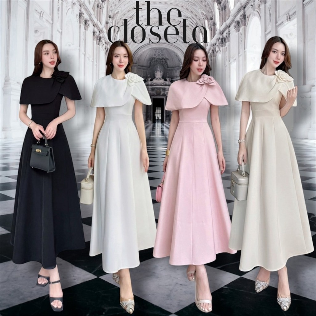 THE CLOSETA : LB560 ชุดเดรสคลุมไหล่แต่งดอกไม้บ่า ทรงกระโปรงบานใส่ออกงาน