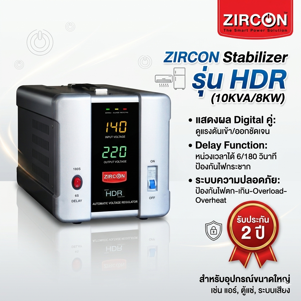 ZIRCON Stabilizer HDR : 10KVA/8KW เครื่องควบคุมแรงดันไฟกันไฟตกไฟเกิน(ไม่สำรองไฟตอนไฟดับ)ประกัน 2ปี