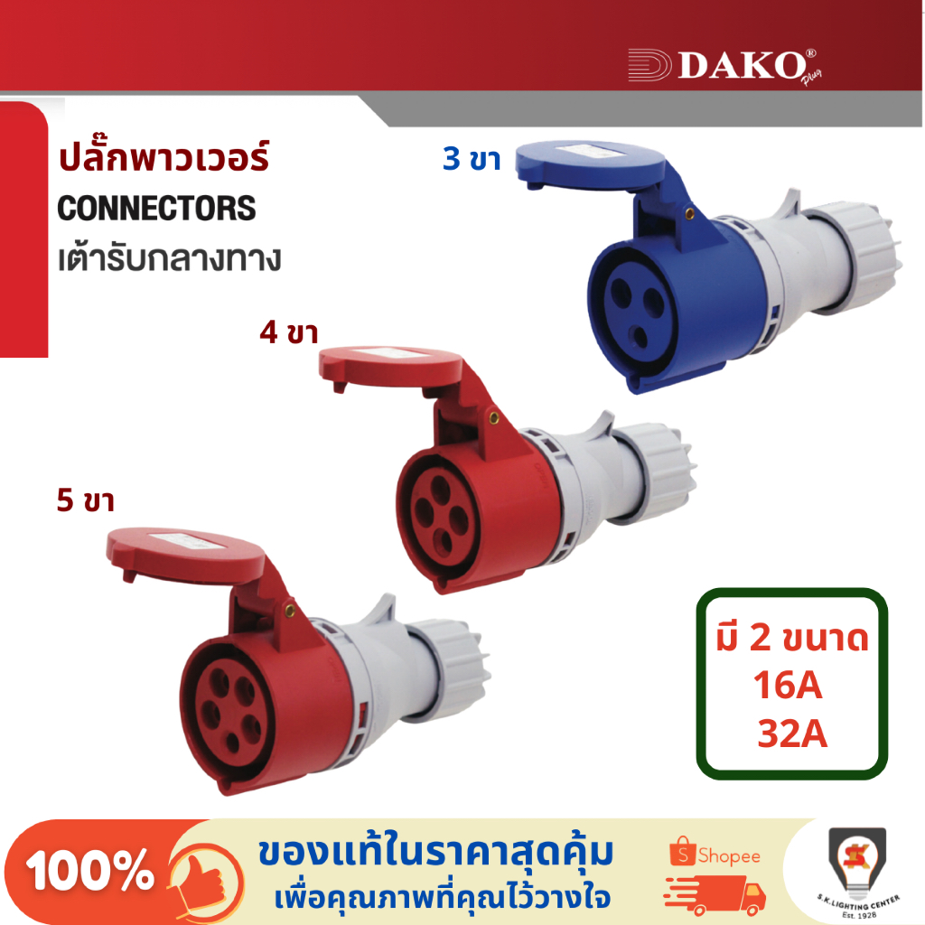 Dako เต้ารับกลางทาง ปลั๊กพาวเวอร์ตัวเมีย Connector กันน้ำ IP44 แบบ 3 ขา / 4 ขา / 5 ขา ขนาด 16A / 32A