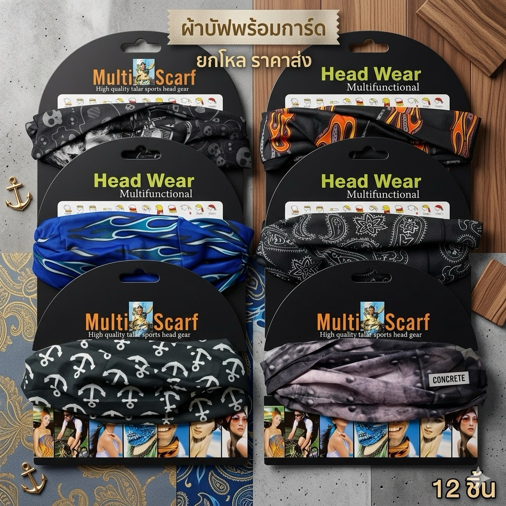 🌷ยกโหล🌷ผ้าบัฟพร้อมการ์ด 12 ผืน มีราคาส่ง I017-1