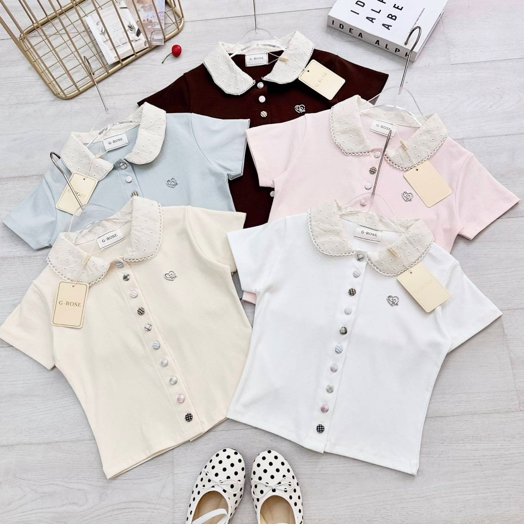 💖New Collection 💖G-Rose เสื้อทรงเชิ้ตครอปคอบัวกระดุมหน้าแกะได้แบบใหม่  ทรงเสื้อคัดติ้งเนี๊ยบ สวยติดเทรนสุดๆ
