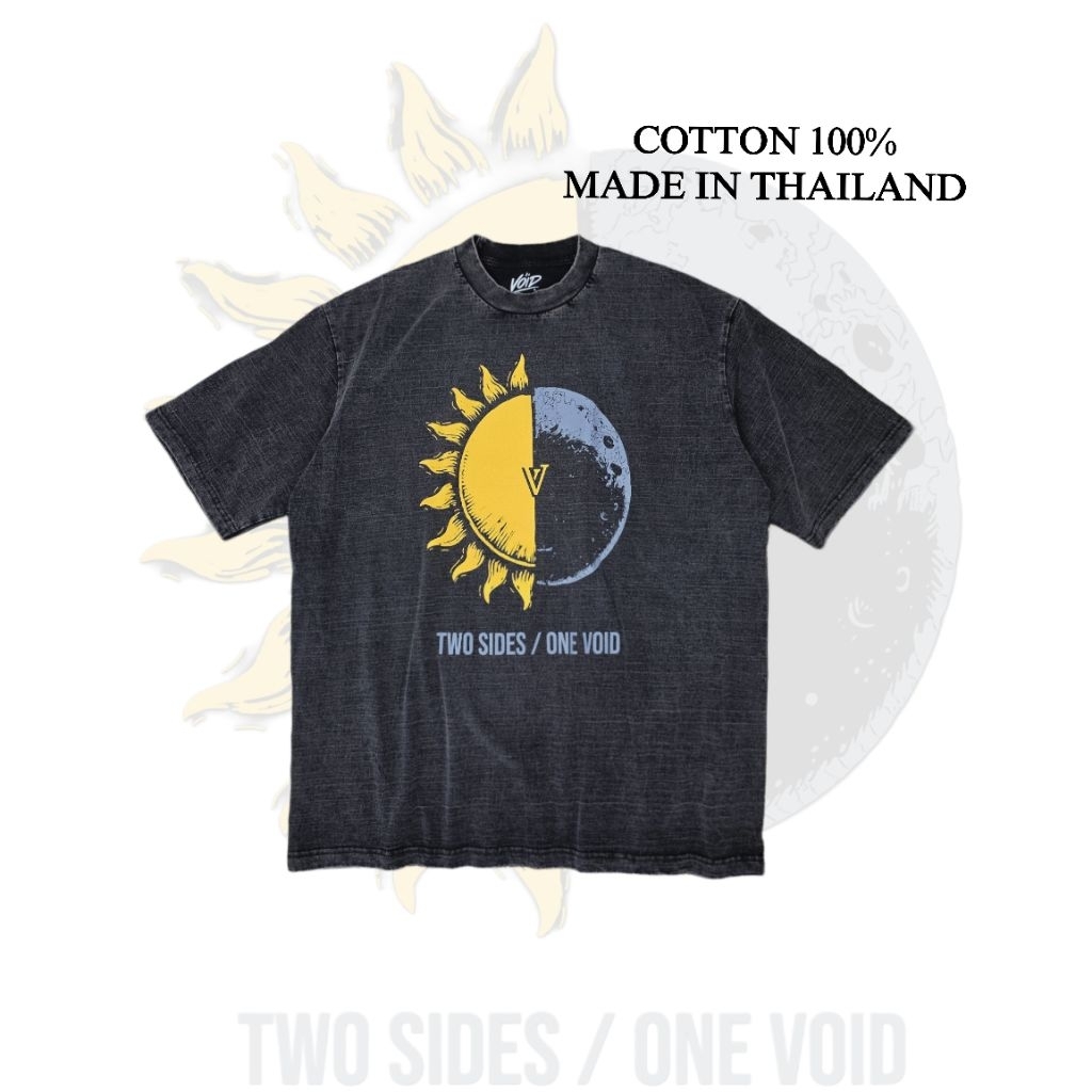 VOID SUN&MOON เสื้อยืดฟอกวินเทจโอเวอร์ไซส์ ลายพระอาทิตย์-พระจันทร์ ให้ลุควินเทจ สกรีนสีคมชัด