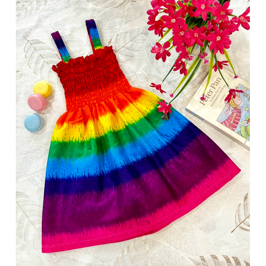 🌈เดรสม็อคอก สีรุ้งและลายช้าง ผ้าสปันแมมเบิร์ด เบาสบาย สีสันสดใสรับ Summer นี้