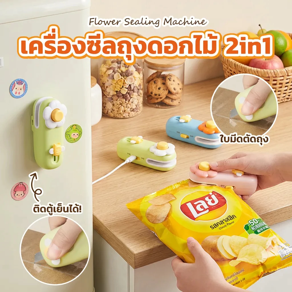 เครื่องซีลถุง 2in1 เครื่องซีลปากถุง เครื่องซีลถุงพลาสติก แบบพกพา มีใบมีดตัด แม่เหล็กติดตู้เย็น ถนอมอาหาร