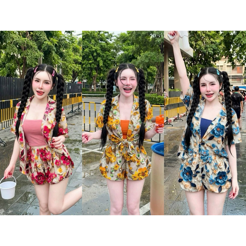 ชุดเซ็ต3 ชิ้นผ้าไหมอิตาลี่ อก44 เอว26-36 (เชิ๊ต+เกาะอก+กางเกง)