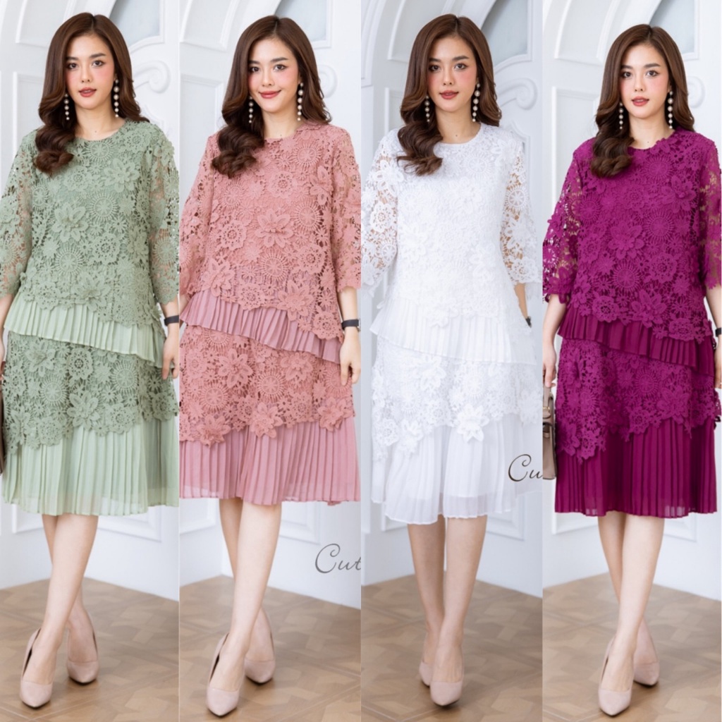Cutie minute  LD7965 เดรสลูกไม้เนื้อหนา+ผ้าชีฟองเกรดพรีเมี่ยม ใช้ลูกไม้ลาย3มิติอย่างดี