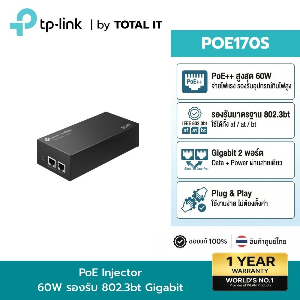 TP-Link POE170S ตัวจ่ายไฟ PoE++ Injector 60W Gigabit สำหรับกล้อง PTZ Access Point ประกันศูนย์