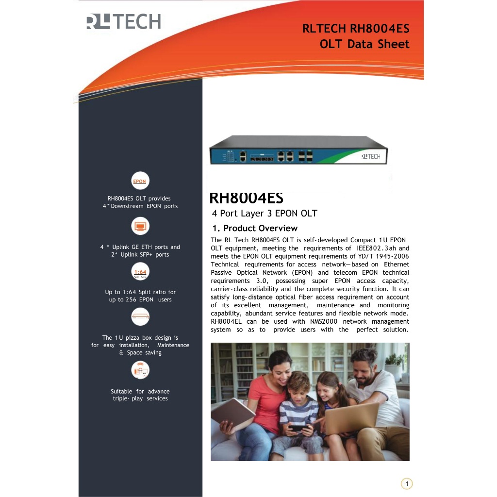 EPON OLT RLTECH RH8004ES 4PON | Uplink 4xGE RJ45 + 4x10G SFP+ | รองรับ 256 ONU | 1U