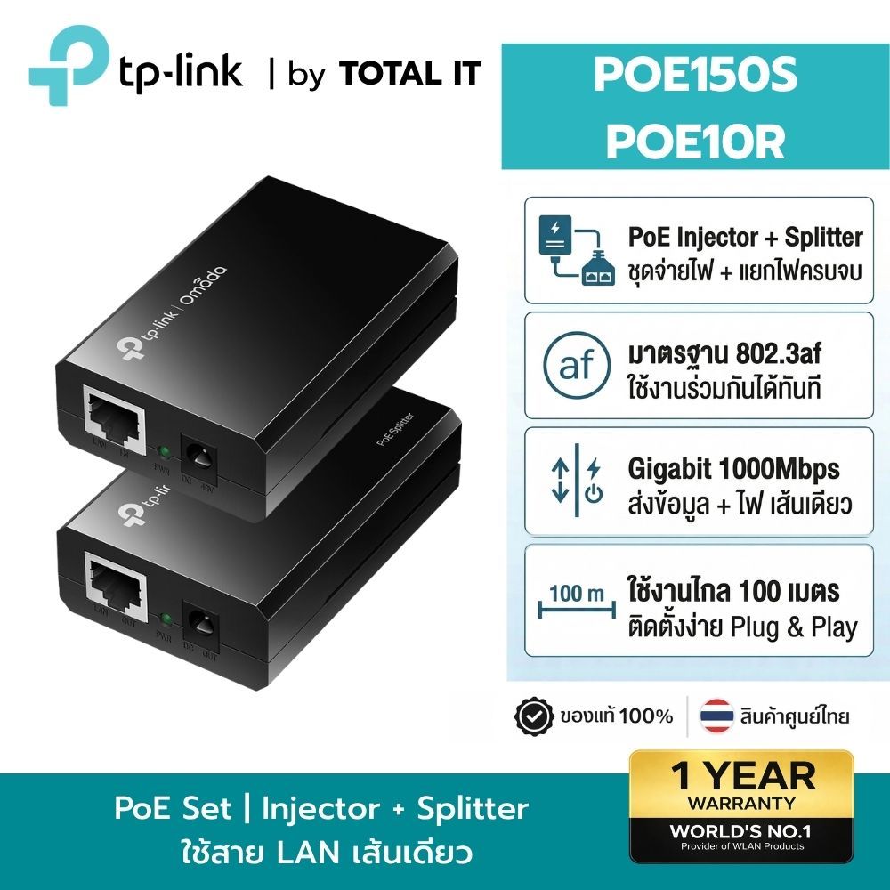 (แพ็คคู่สุดคุ้ม) TP-Link PoE150S + PoE10R | ชุดจ่ายไฟผ่านสายแลน (Injector & Splitter) | Gigabit | ปร