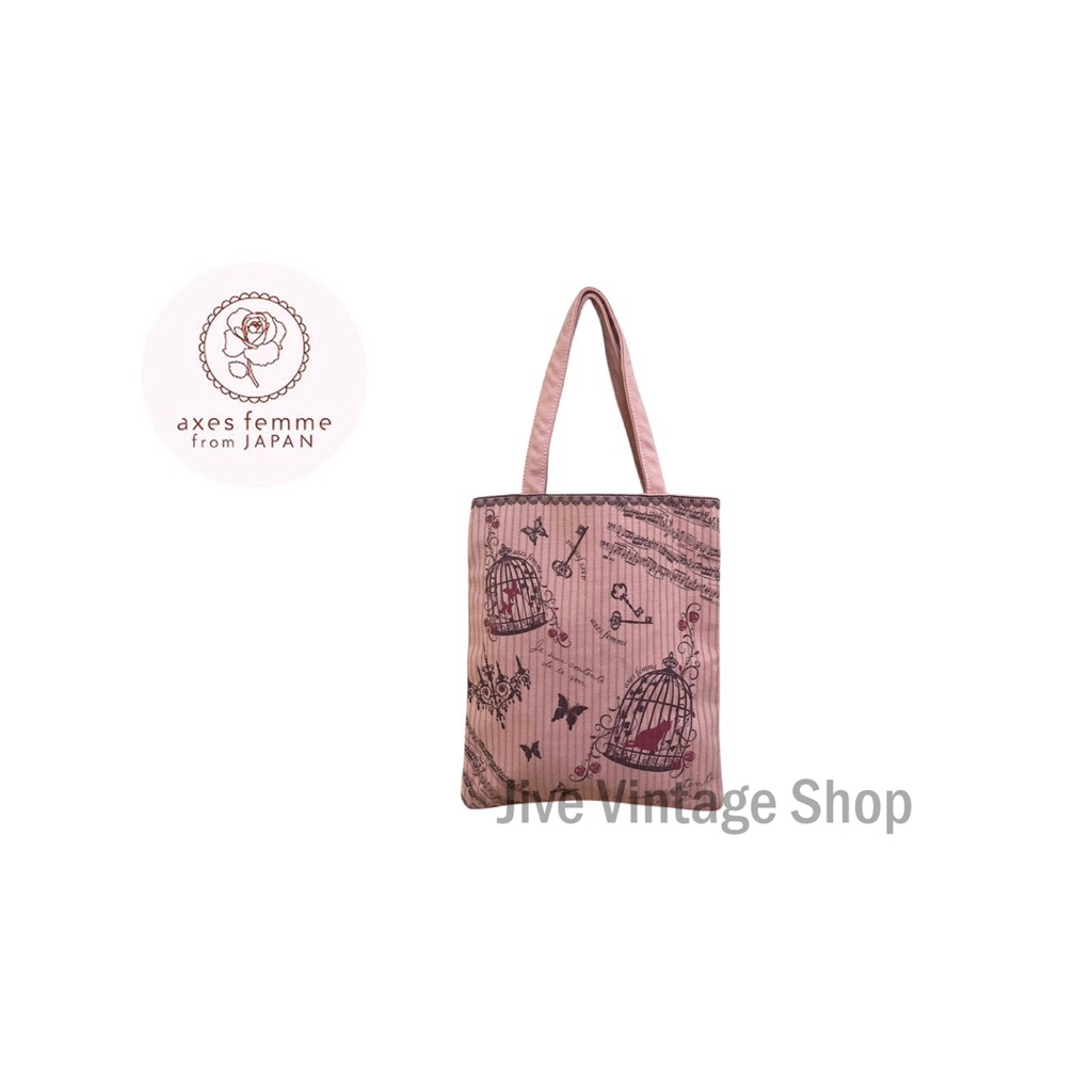 axes femme กระเป๋าผ้าสะพายไหล่แบรนด์แท้ ทรง tote bag ใส่ A4 ได้ พิมพ์ลาย สไตล์ lolita สีหวานๆ มือสอง