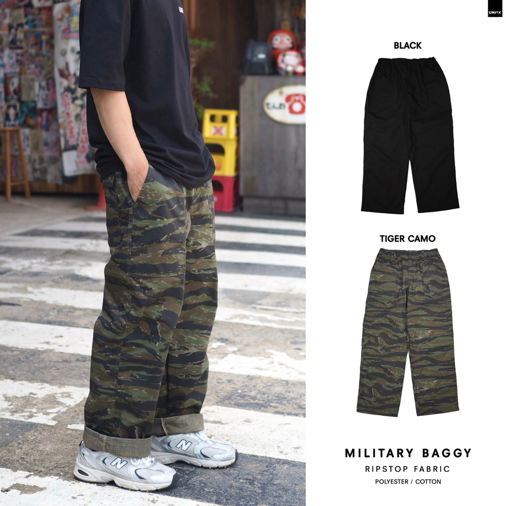 UNFIX MILITARY BAGGY - กางเกงทรงทหาร ขากระบอกใหญ่ เอวยางยืด