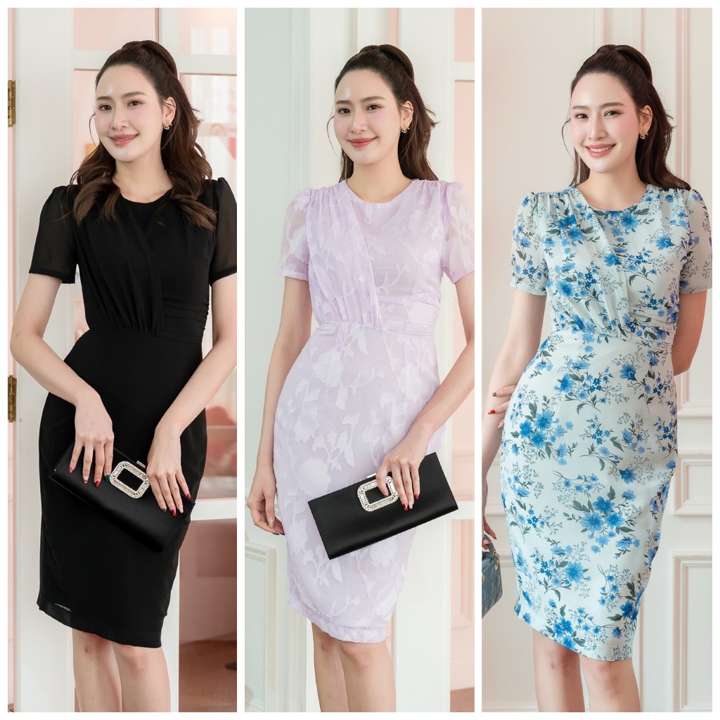 PD377 Chiffon Dress เดรสผ้าชีฟอง คอกลม แขนสั้น ซิปหลัง กระโปรงเข้ารูปทรงสอบ