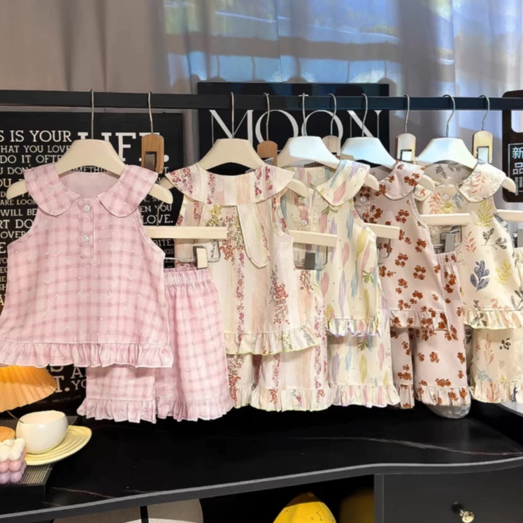 Babyonline(Y542)I6H6 (ส่งด่วน1วัน)ชุดเซ็ตเสื้อแขนกุดกางเกงขาสั้นสำหรับเด็กผู้หญิง ผ้าฝ้าย ระบายอากาศ