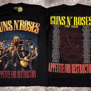 เสื้อยืดผ้าฟอก-ผ้าดำ GunnRoses1987(ป้ายRocktee เรืองแสง) ผ้าCotton100