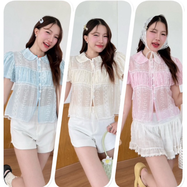 KYเสื้อปกบัวขอบลูกไม้ ทรงแขนบอลลูนน่ารักๆ  ผ้าโรซี่พิมพ์ลายกึ่งซีทรู  มีซับในตัว