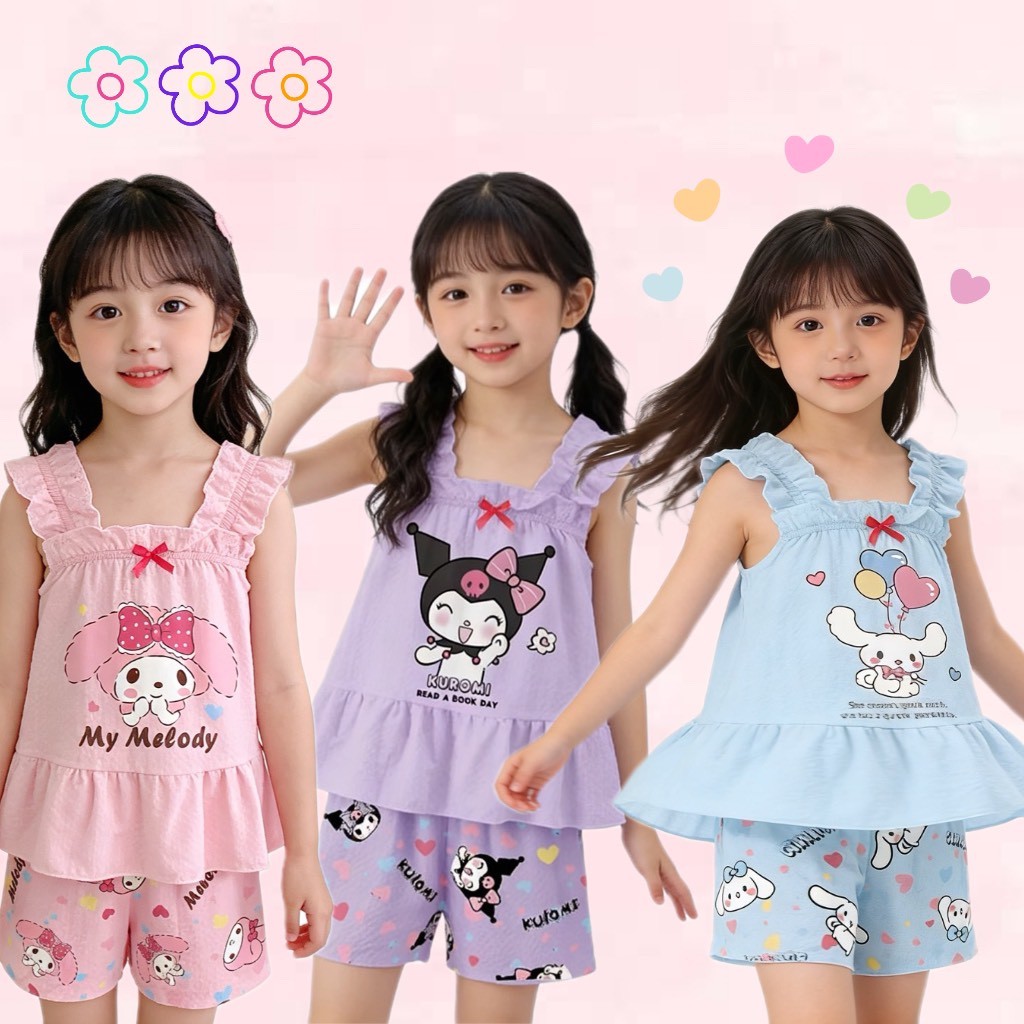 BB237 ชุดนอนเด็กผู้หญิง 2 ชิ้น เสื้อแขนกุดระบาย กางเกงขาสั้น ลายการ์ตูนน่ารัก สีพาสเทล