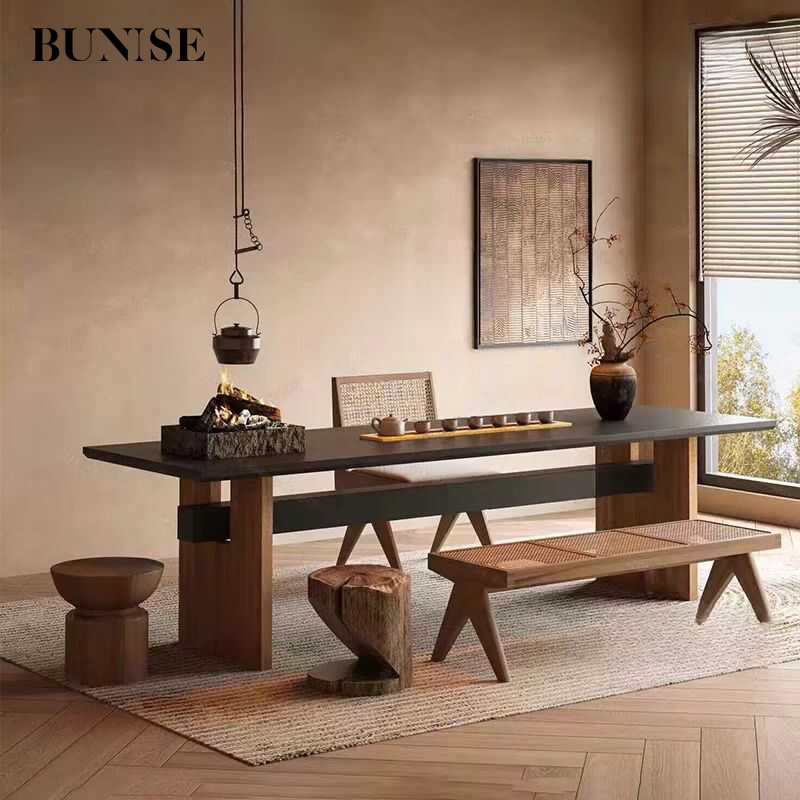 BUNISE Solid Wood Dining Table SD16 - Scandinavian Antique-Style, 1-8 Seater, Dark Hardwood, Ideal f