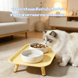 ชามอาหารสัตว์เลี้ยง จานอาหารสัตว์เลี้ยง การออกแบบสูงขึ้น ฐานไม้ ยกสูง สำหรับแมวและสุนัข ชามอาหารคู่ ปรับมุมเอียงได้