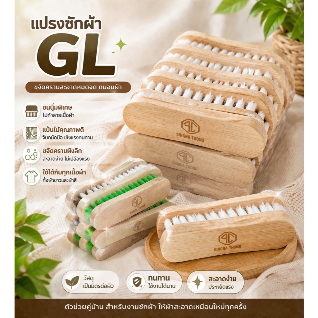 แปรงซักผ้า GL แป้นไม้ ขนนิ่ม/ขนสี/ขนนม ขจัดคราบสะอาด อ่อนโยนต่อผ้า ใช้งานทนทาน