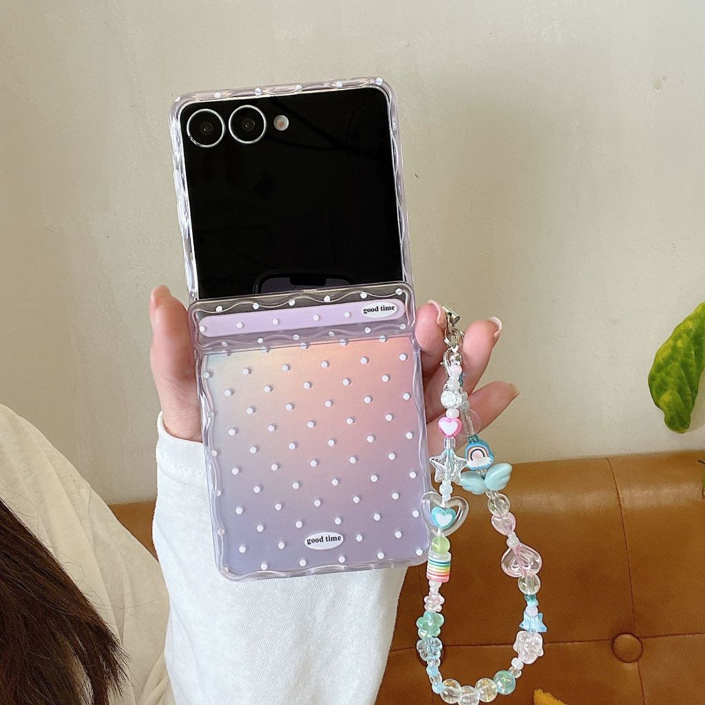 คสโทรศัพท์ลายจุดเลเซอร์สีม่วงใสสุดน่ารัก สำหรับ Samsung Galaxy Z Flip 7 6 5 Flip6 ZFlip5 พร้อมโซ่ เคสแบบบานพับสุดคาวาอี้