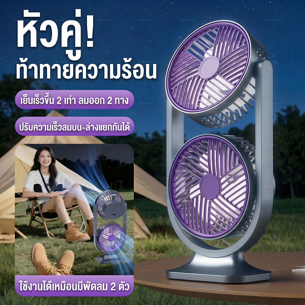 พัดลม 2 หัวอเนกประสงค์ พัดลมตั้งโต๊ะ แรงลมทรงพลัง เงียบ ชาร์จ Type-C เหมาะสำหรับใช้ในบ้านและสำนักงาน พัดลมพกพา – โปรปัง