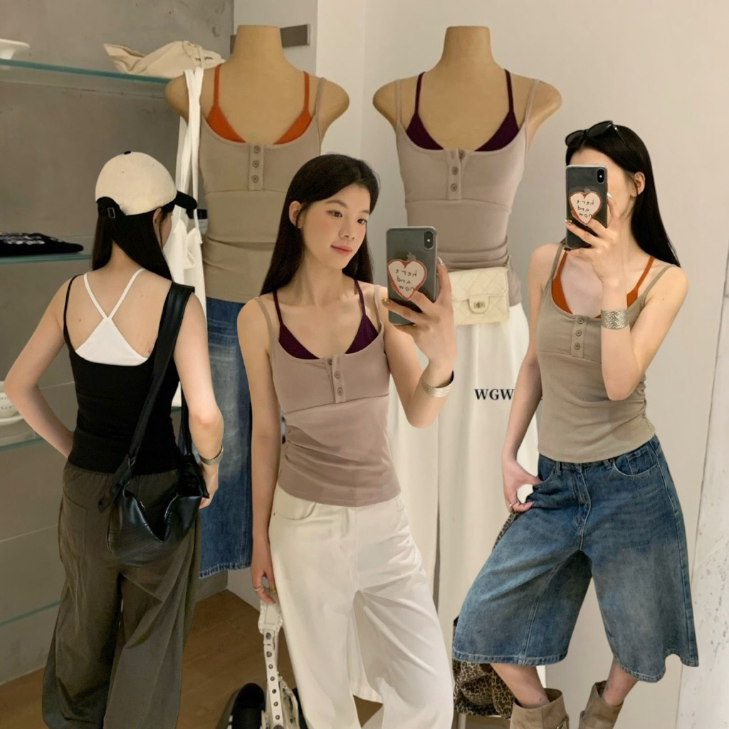 ส่งด่วน 🛵 𝐖𝐆.𝐖𝐄 9063  เสื้อสายเดี่ยวแต่งสองชั้น แต่งกระดุม