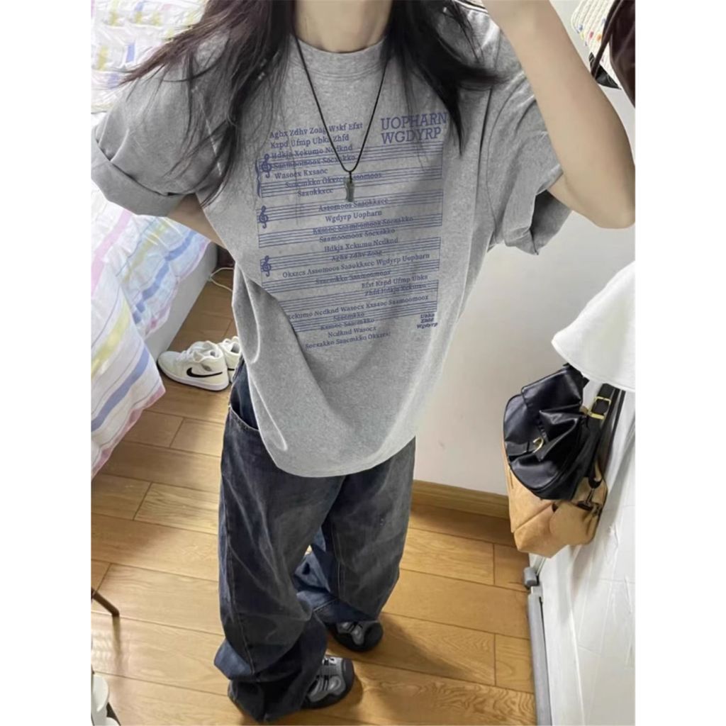 KKS พร้อมส่ง เสื้อยืด Oversize วินเทจ Y2K ลายโน้ตเพลง ผ้าคอตตอน 100% สไตล์เกาหลี M-XXL