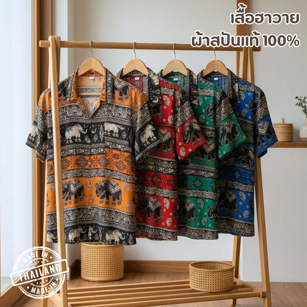เสื้อฮาวายลายช้าง ผ้าสปัน เกรดพรีเมียม เนื้อนุ่ม ลื่น เย็นสบายไม่ร้อน เสื้อเชิ้ตลายช้าง ทรงสวย Unisex อก 40-50"
