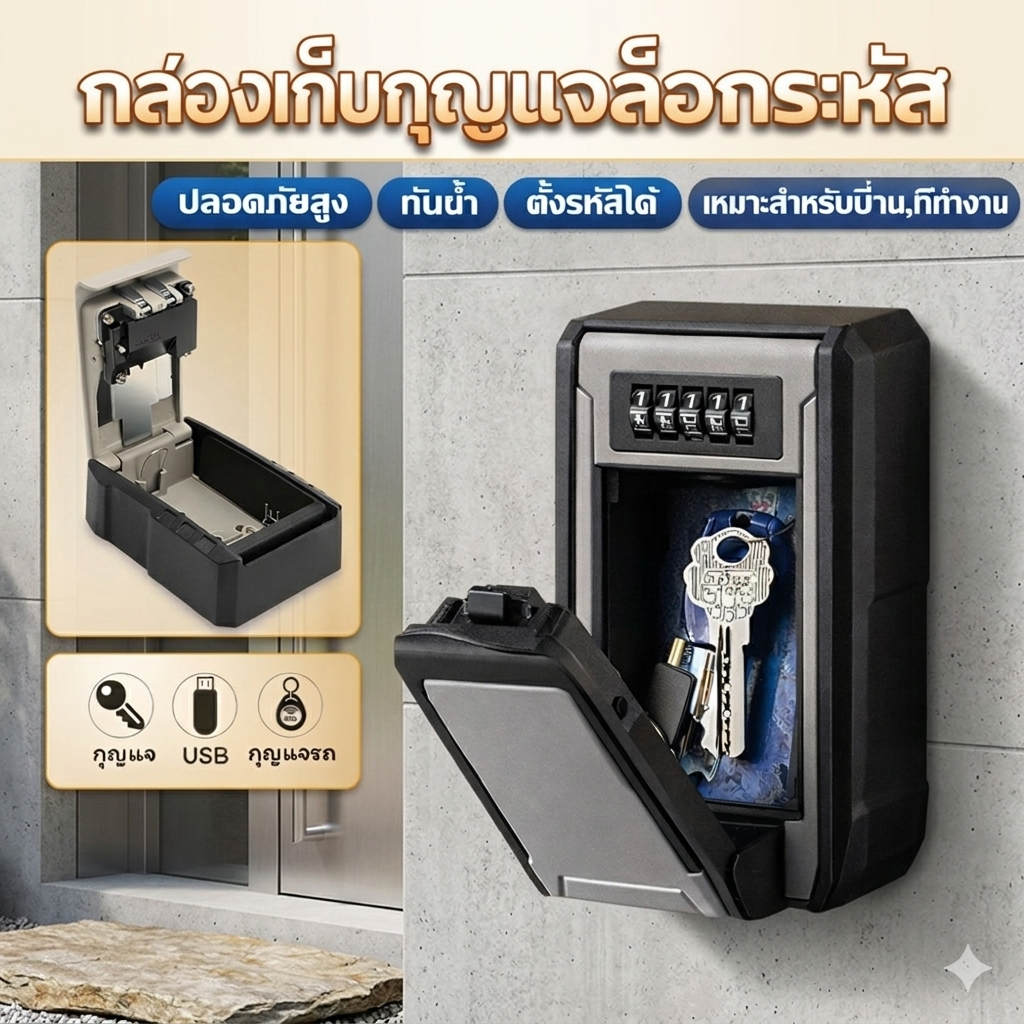 SAFETYBox กล่องเก็บกุญแจติดผนัง รหัส 4 หลัก กันน้ำ กันงัด Key Box ตู้เก็บกุญแจความปลอดภัย