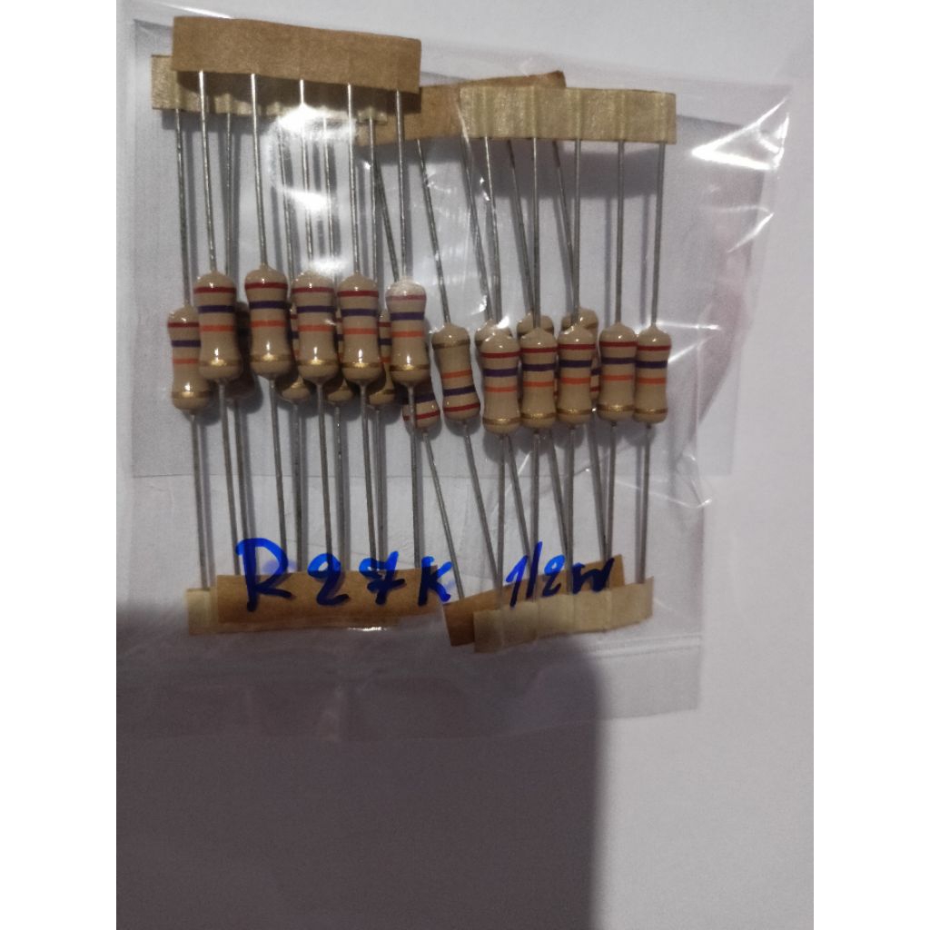 ตัวต้านทาน (Resistor) 27K โอห์ม ขนาด 1/2W (0.5 วัตต์) ค่าความผิดพลาด 5% (แพ๊ค 20 ตัว)