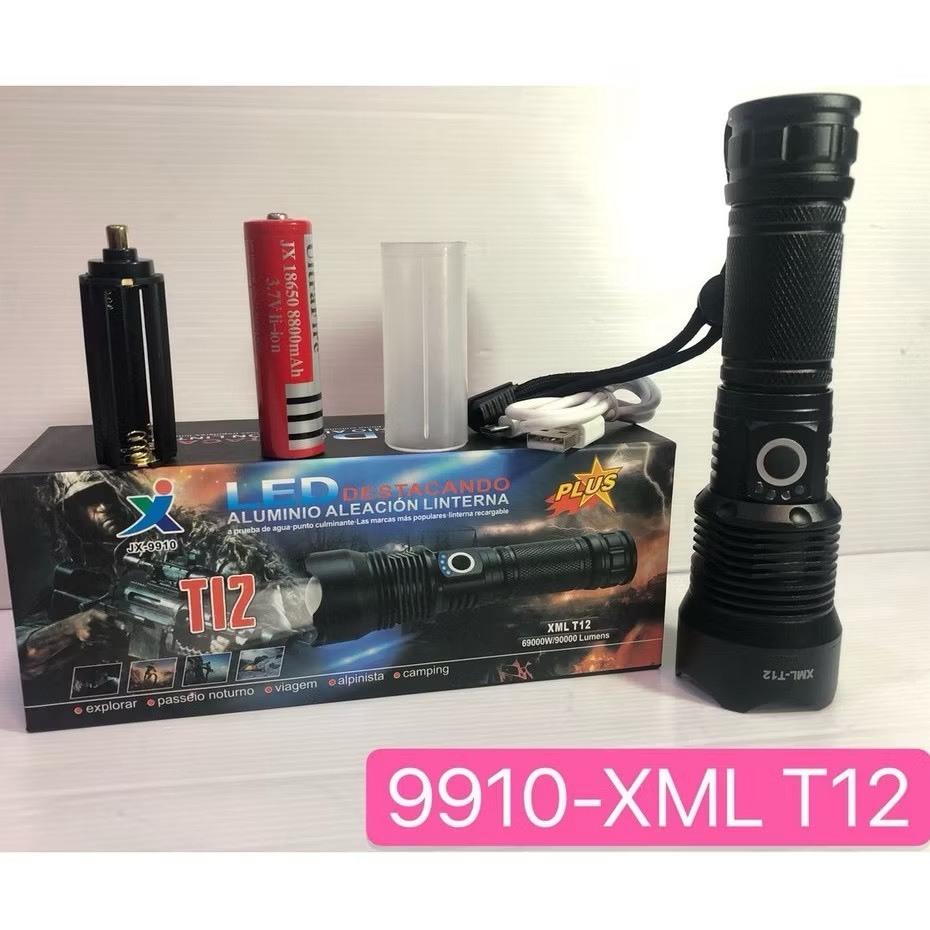 ไฟฉายแรงสูง LED สว่างมาก ไฟฉายซูม 5 โหมด XML T12 LED 69000w สว่างมาก แข็งแรง ทนทาน ชาร์จไฟ มี 4 รุ่น