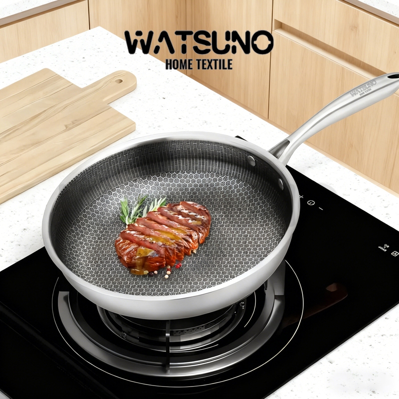 Watsuno.กระทะรังผึ้งสแตนเลส ไม่ติดกระทะ ทนรอยขีดข่วน แถมตะหลิว
