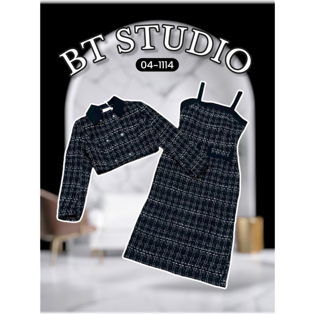 BT 04-1114 เช็ท 2 ชิ้น เดรสสายเดี่ยว ช่วงอกเสริมฟองน้ำ ถอนปรับได้ ผ่าหลัง เสื้อคลุมเบเซอร์คอปกแขนยาว