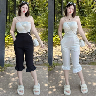 กางเกงสามส่วน แต่งระบายปลายขา กระเป๋า2ข้างผ้ายืดวูลเวฟ