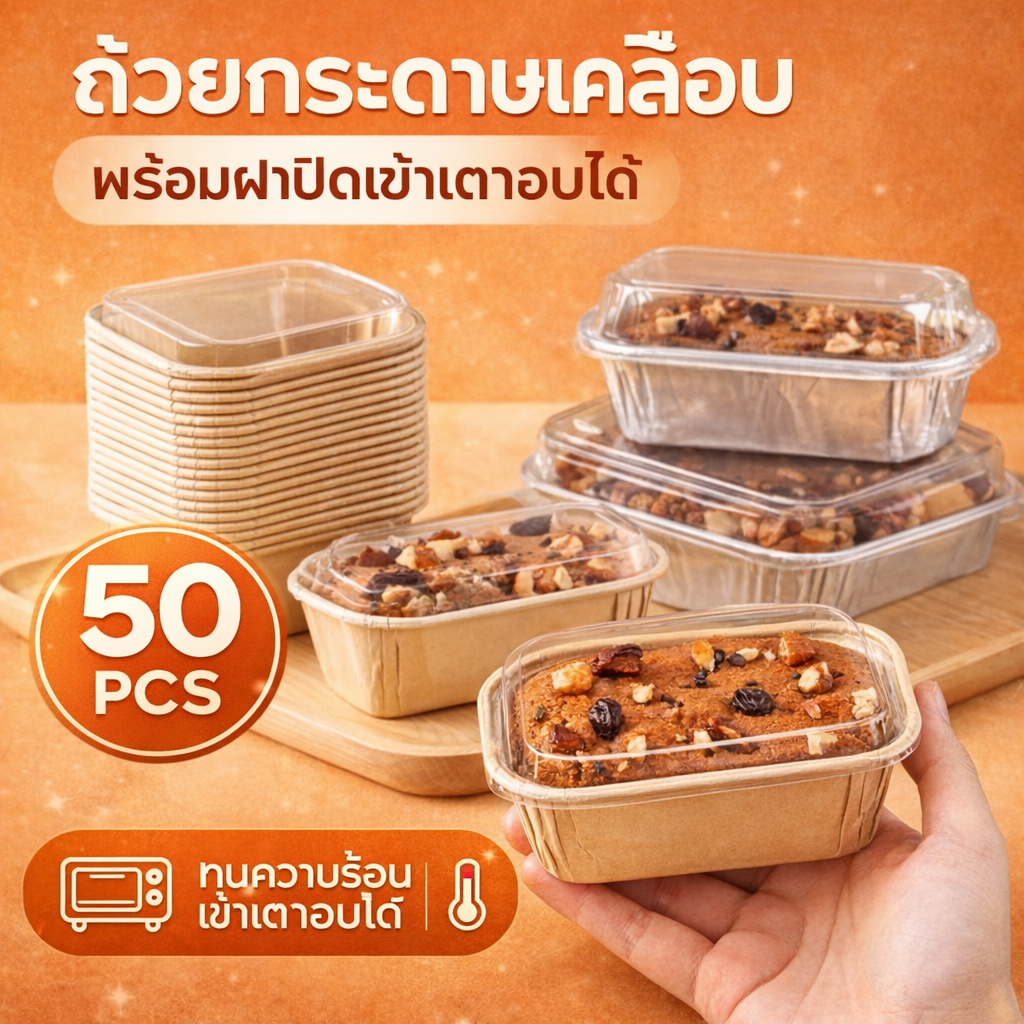 ถ้วยมัฟฟิน ถ้วยกระดาษเคลือบ ทรงสี่เหลี่ยมผืนผ้า 80*40*42mm ราคาพร้อมฝา 1แพ็ค 50ชุด ฟู้ดเกรด ถ้วยอบ