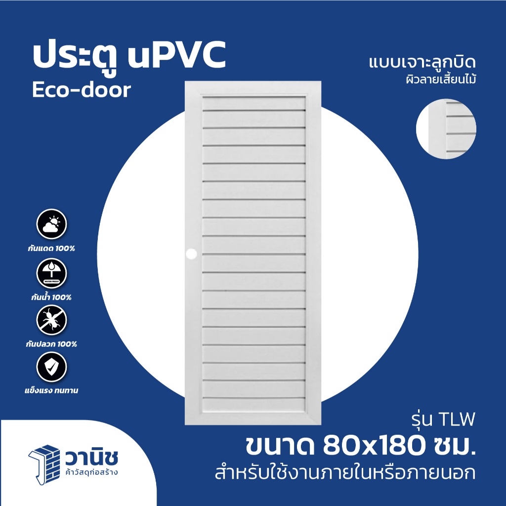 ประตู uPVC Eco-door รุ่น TLW ขนาด 80 x 180 ซม. แบบเจาะลูกบิด สีขาว สามารถใช้ได้ทั้งภายนอกและภายใน