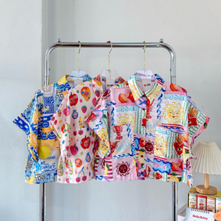 เสื้อเชิ้ตครอปสไตล์ซาร่า ลายน่ารักๆ ผ้าไหมอิตาลี