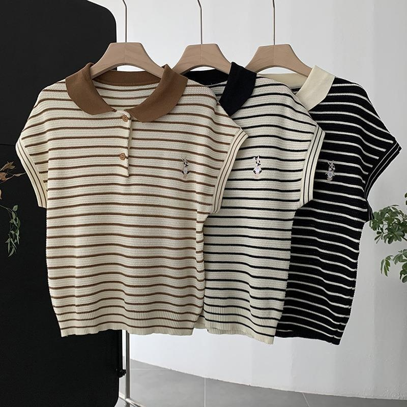 เสื้อแขนสั้นไหมพรมผ้ายืด คอปก ลายทาง สาวอวบ ใส่ได้ อก 30-44 นิ้ว