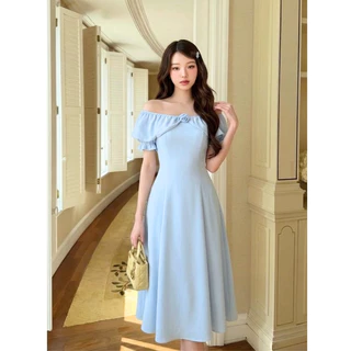 【S-5XL】 เดรสยาว ปาดไหล่ ดีเทลเข็มกลัดดอกไม้ ระบายพองฟูรอบคอสไตล์เจ้าหญิง ทรงเอไลน์ ใส่ออกงาน งานแต่ง